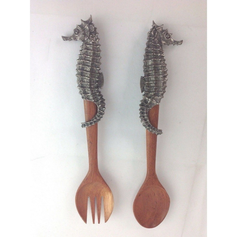 Vagabond House Sea and Shore Pewter Seahorse 2 Piece Salad Servers Set 12"L